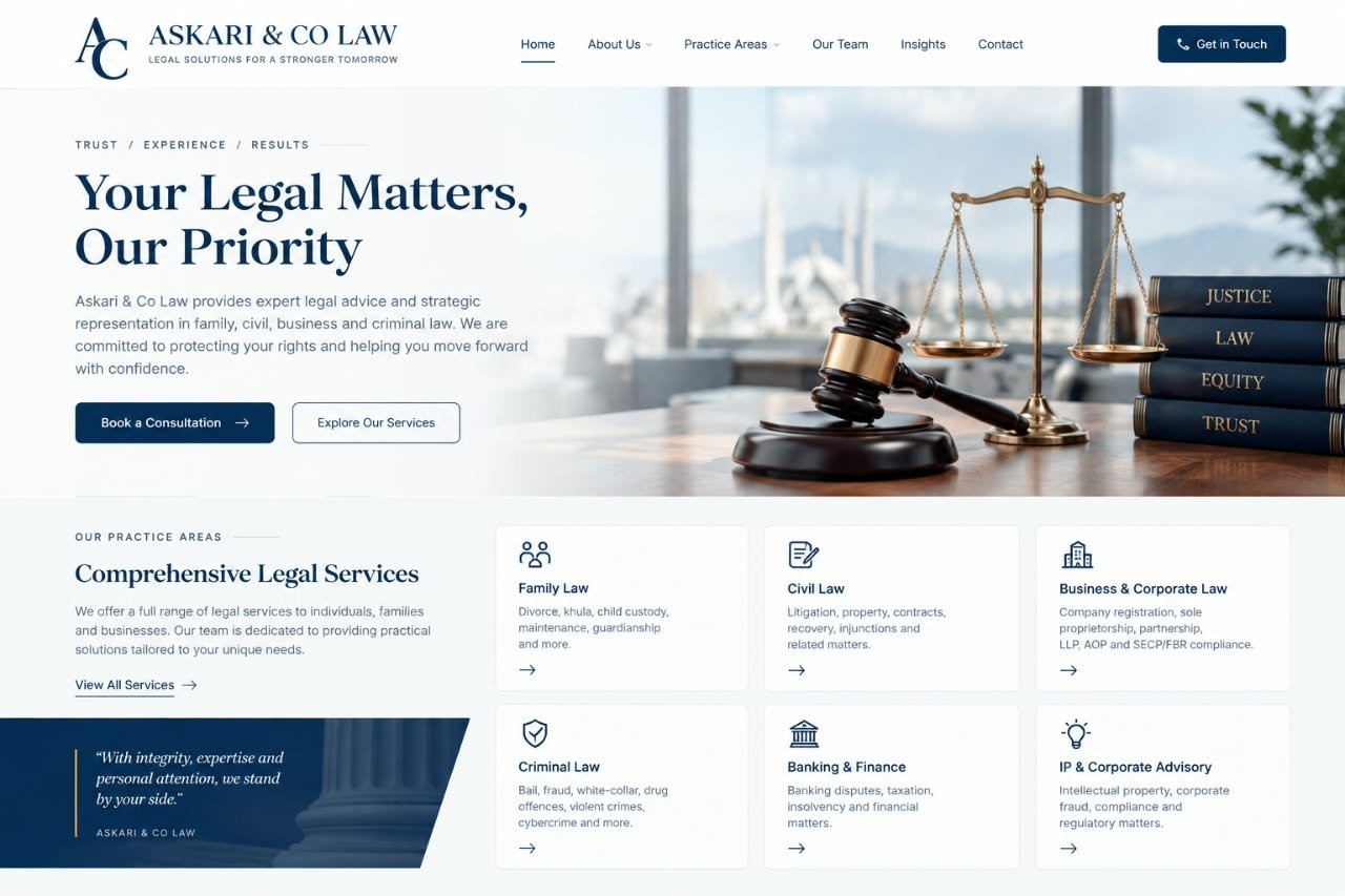 Homepage of a law firm website built by Webzelia
